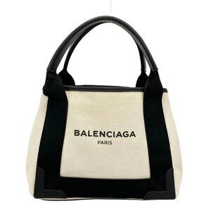 BALENCIAGA Navy Cabas XS 390346 Cream Black Canvas Leather Tote Bag